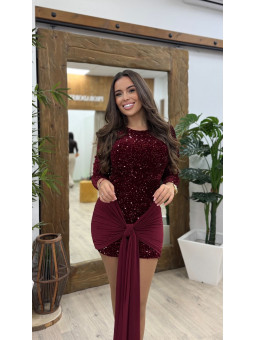 VESTIDO LENTEJUELAS LAZO GRANATE